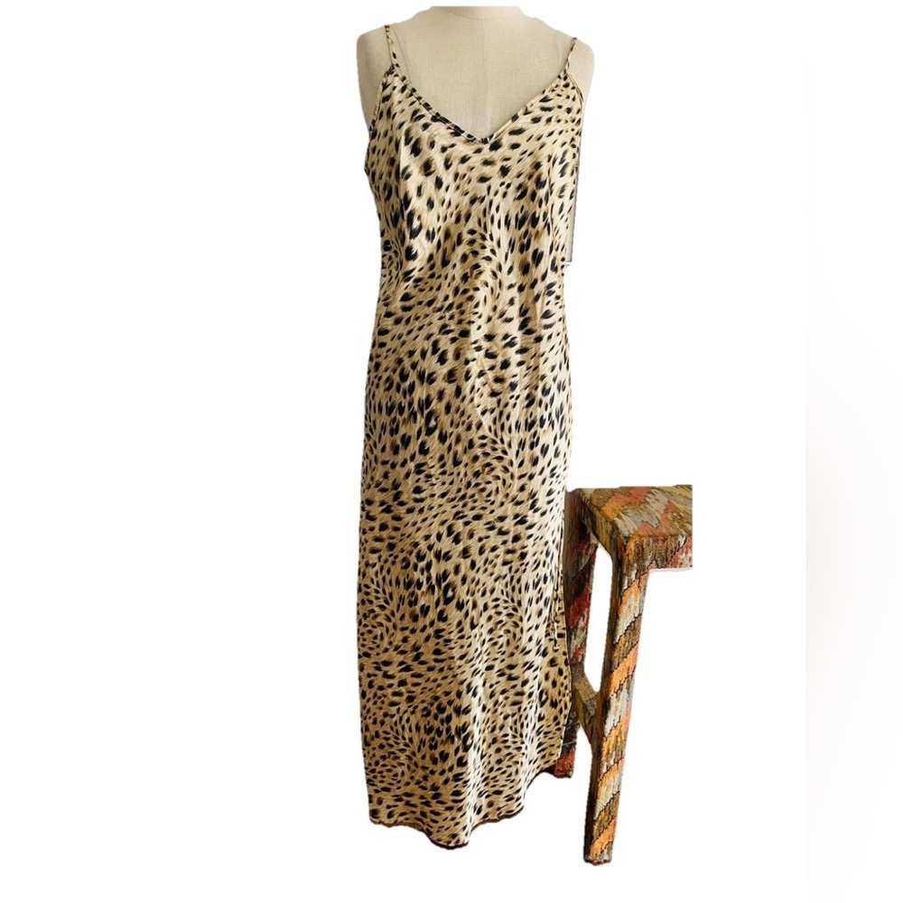 Sz M VTG Y2K 90's Leopard Cheetah Print Slip Dress Coquette Side Lace Up Grunge